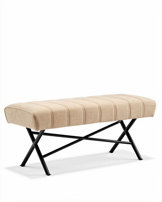 Houten bank met stof bekleding en metalen poten 100 x 40 x 45cm beige