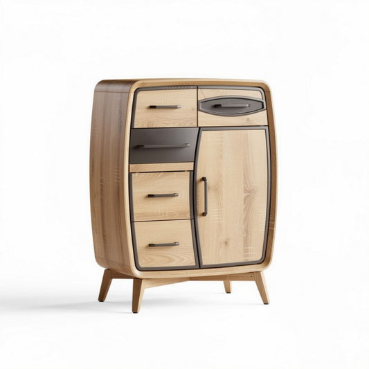 Houten kast met vijf lades en één deur in natuurlijk kleur 80 x 40 x 100cm