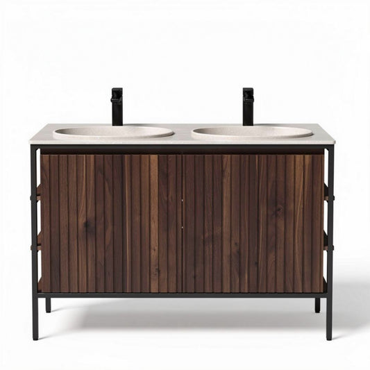 Dubbele wastafelmeubel van hout met zwart metalen onderstel en granieten blad 120 x 50 x 85cm