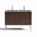 Dubbele wastafel met houten kabinet 90 x 45 x 85cm in donkerbruin en chroom.