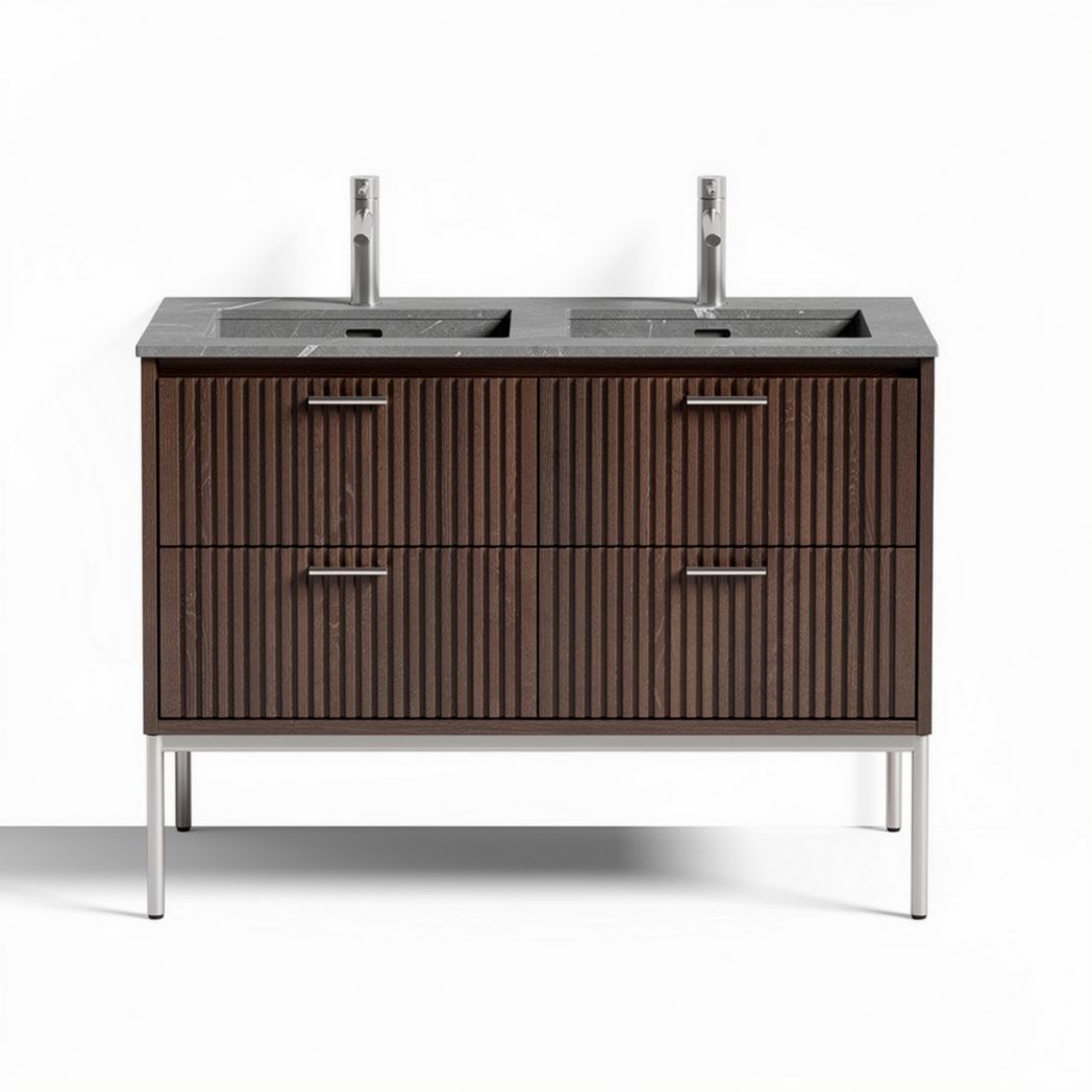 Dubbele wastafel met houten kabinet 90 x 45 x 85cm in donkerbruin en chroom.