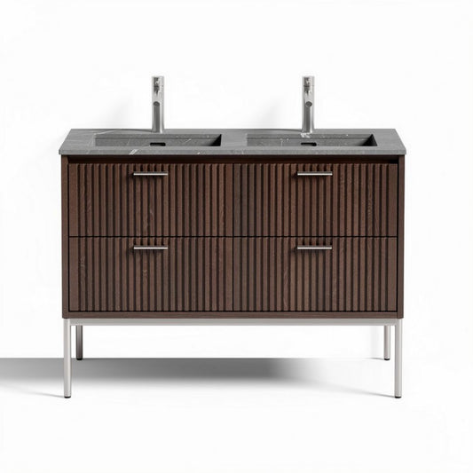Dubbele wastafel met houten kabinet 90 x 45 x 85cm in donkerbruin en chroom.
