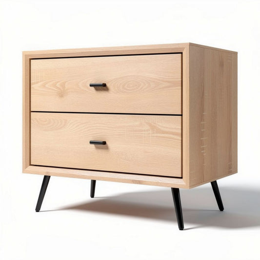 Houten nachtkastje met twee lades en zwarte metalen poten 50 x 40 x 40cm